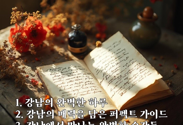 1. 강남의 완벽한 하루
2. 강남의 매력을 담은 퍼펙트 가이드
3. 강남에서 만나는 완벽한 순간들
4. 강남 라이프: 완벽한 경험을 찾아서
5. 강남에서의 퍼펙트 데이 플래너
6. 강남의 숨은 보석들: 완벽한 탐험
7. 강남에서 즐기는 완벽한 주말
8. 강남의 퍼펙트 핫플레이스
9. 강남의 완벽한 미식 여행
10. 강남에서의 완벽한 쇼핑 가이드